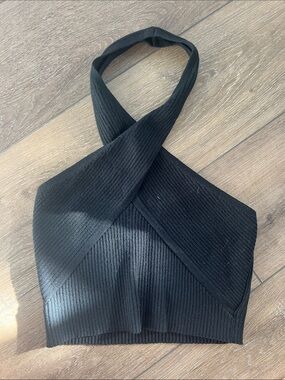Black Ribbed Halter Crop Top - Women
